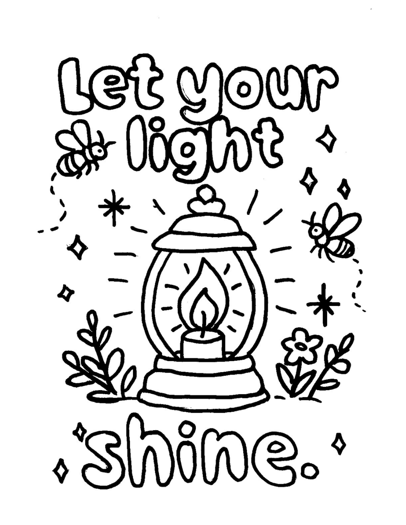 A colouring page with a picture of a lantern and the words 'Let Your Light Shine'.